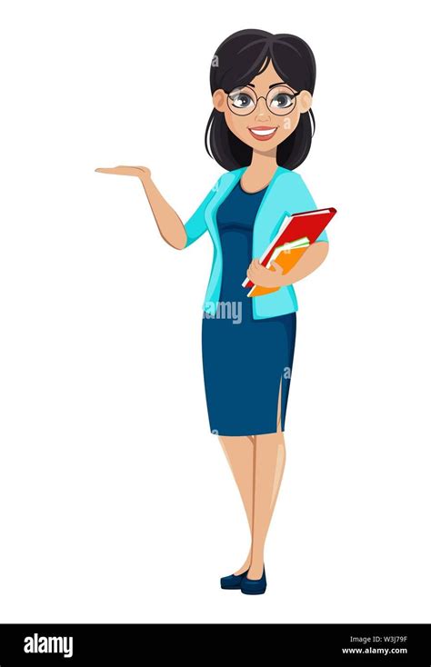 Download this stock vector: Back to school. Teacher woman cartoon character holding books ...