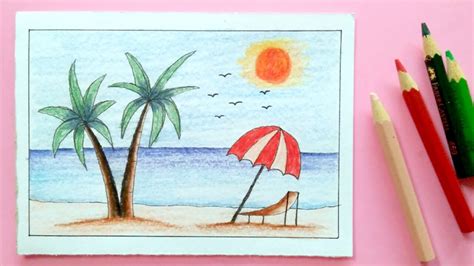 How to Draw Beach Scenery Summer Time - YouTube