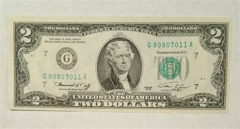 1976 $2 Two Dollar Bill G80807011A Federal Reserve Washington ...