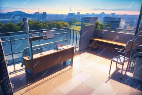 Premium AI Image | A balcony with a view of the city and a desk with a ...