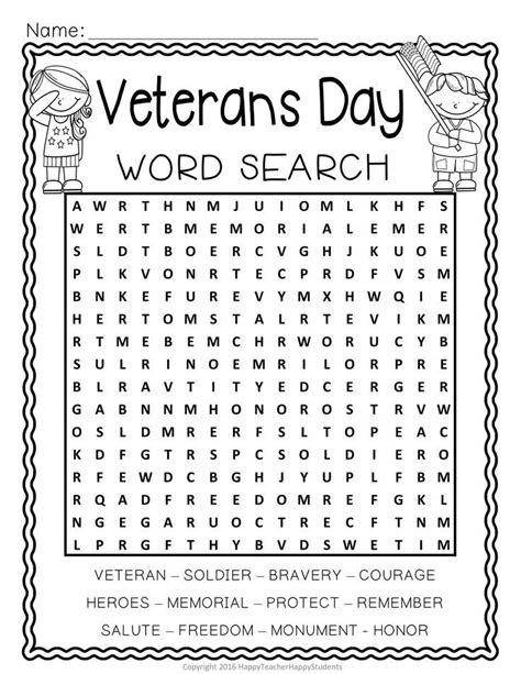 the veterans day word search is shown in black and white