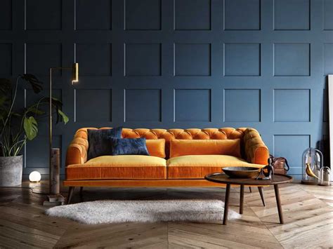 modern living room furniture trends 2021 mustard yellow velvet couch sofa | Woonkamer oranje ...