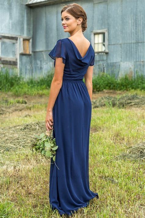Long Sheer Classy Navy Bridesmaid Dress for Country Wedding | Short ...
