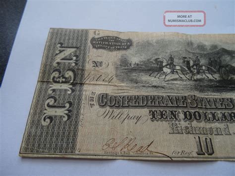 1864 $10 Dollars Confederate Currency Circulated