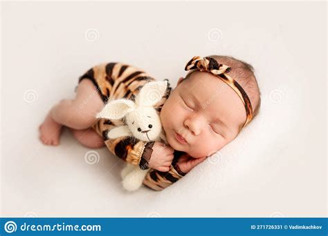 Top View of a Newborn Baby Girl Sleeping in a Tiger Jumpsuit Stock ...