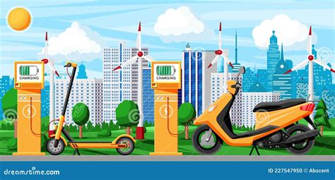 Electric Scooter and Charging Station Stock Vector - Illustration of rent, vehicle: 227547950