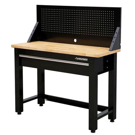 Husky 4 ft. Solid Wood Top Workbench in Black with Pegboard and 1 Drawer G4801S-US - The Home ...