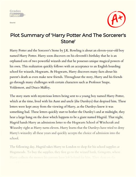 Plot Summary of 'Harry Potter And The Sorcerer's Stone': [Essay Example ...