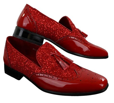 Mens Smart Party Shiny Tassle Shoes Red Silver Black Slip On Patent Leather | Happy Gentleman