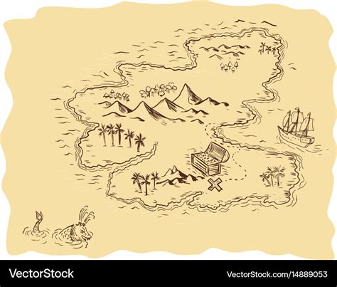 Pirate treasure map sailing ship drawing Vector Image