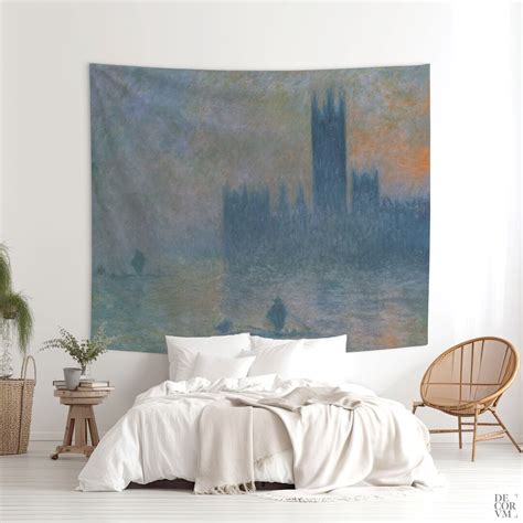 Monet Fog Painting, Wall Tapestry, London Landscape, Printed Fabric, Room Decor, House Warming ...