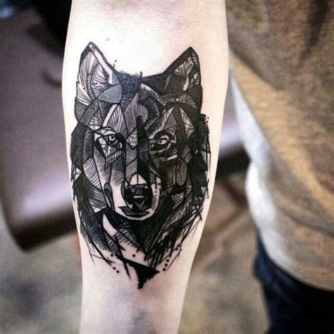 Blackwork style medium size forearm tattoo of wolf head - Tattooimages.biz