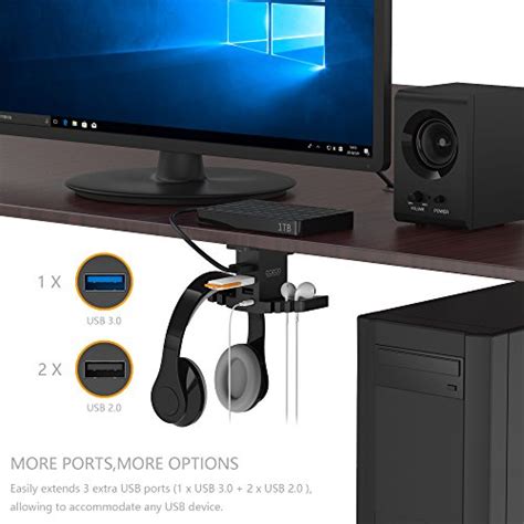 Headphone Stand with USB Hub COZOO Under Desk Headset Hanger Mount Dual Hook Holder with 3 USB ...