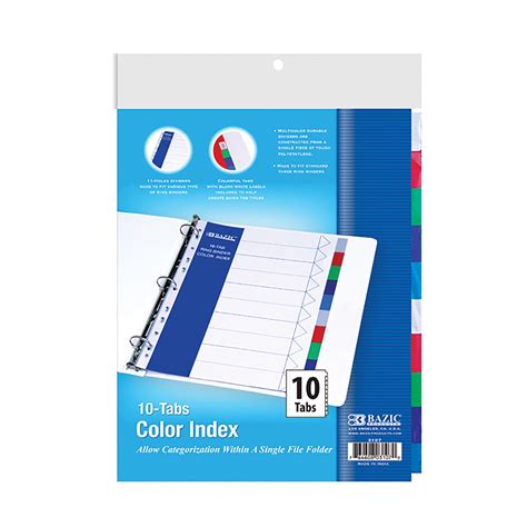 BAZIC Binder Dividers w/ 10 Color Tabs 8. 5" x 11", 11 Hole Punch Plastic Index Divider with Tab ...