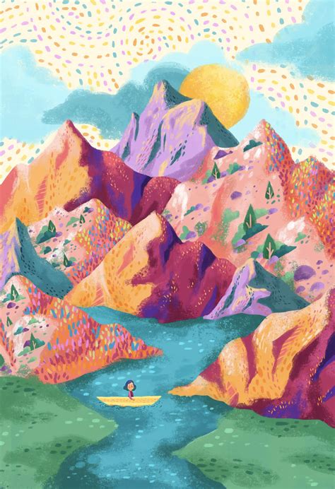 a painting of mountains and a river in the foreground, with a person on a surfboard