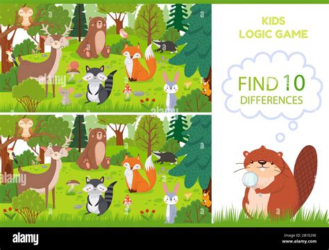 Forest animals find differences game. Educational kids games characters ...