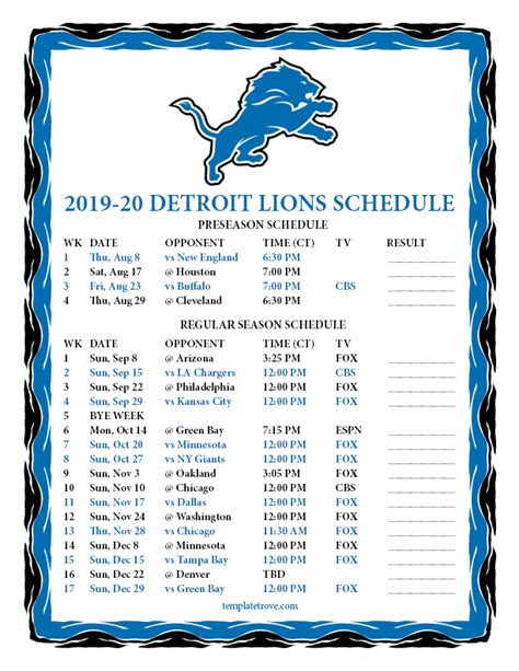 Printable 2019-2020 Detroit Lions Schedule