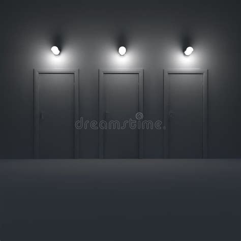 Three Doors in a Dark Room with Lamp. 3d Illustration. Stock ...