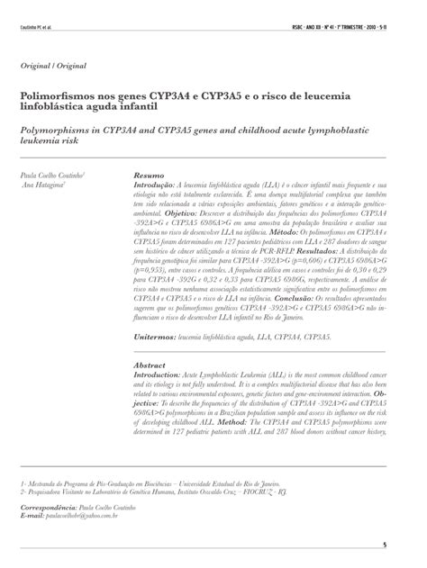 (PDF) Polymorphisms in CYP3A4 and CYP3A5 genes and childhood acute ...