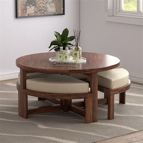 Exeter Solid Wooden Circular Coffee Table with 4 Stools - Natural ...