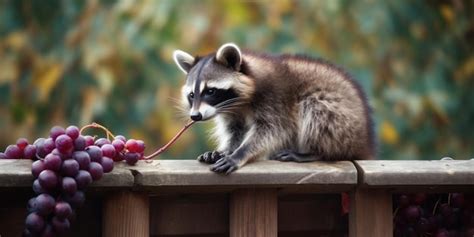 Premium AI Image | A raccoon is sitting on a fence and eating a red grape.