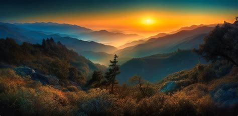 Premium AI Image | a sunrise with a large range of mountains and foliage