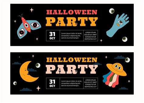 A set of two horizontal Halloween party banner templates. The design is in the style of groovy ...