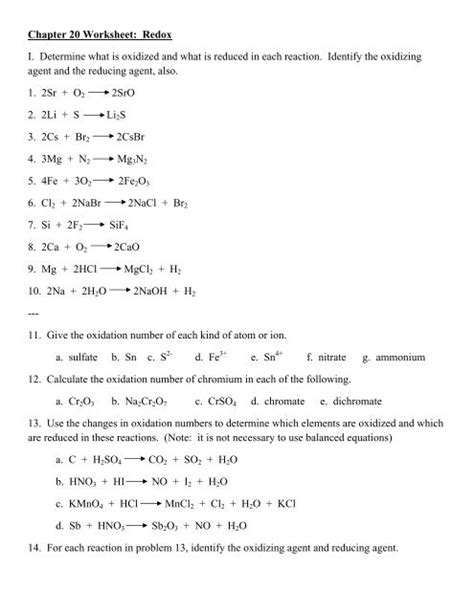 Chapter 20 Worksheet Redox