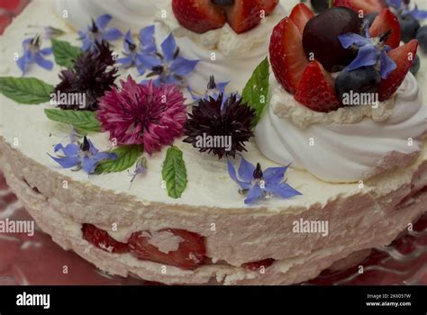 Creamy mascarpone cheese cake with strawberry and edible flowers Stock ...