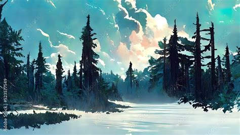 Digital painting, winter in the forest illustration. 4K wallpaper of national park. Background ...