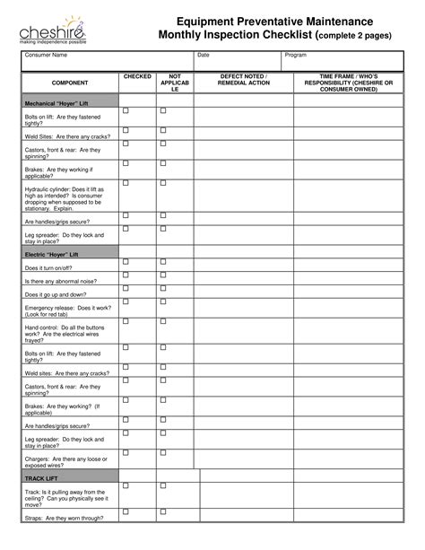 Equipment Inspection And Maintenance Worksheet