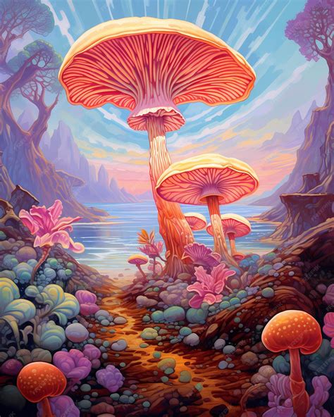 Premium AI Image | A painting of a forest with a colorful mushroom and a river in the background