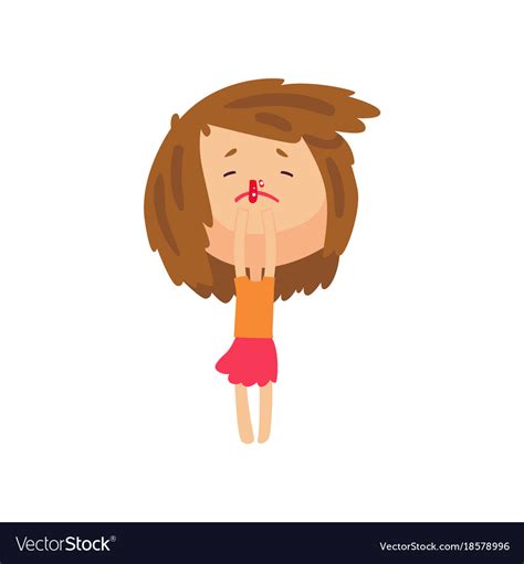 Unhappy girl with bleeding nose cartoon character Vector Image