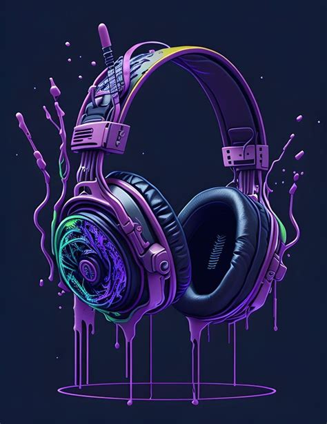 headphones with purple and blue paint splattered on the side, against a black background