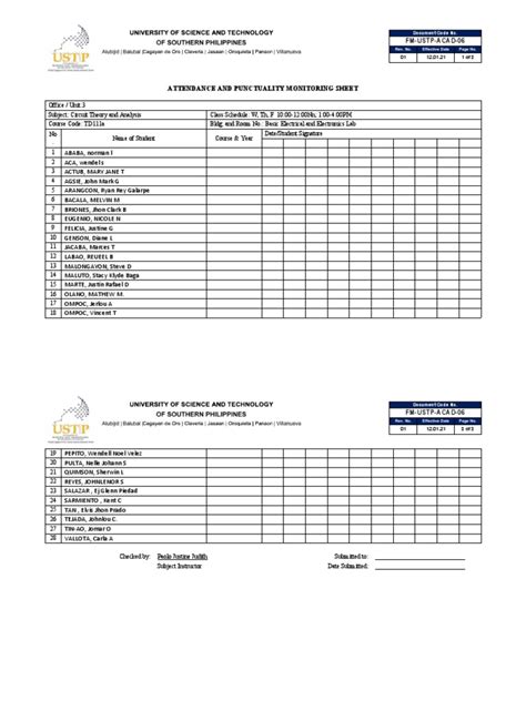 Attendance and Punctuality Monitoring Sheet | PDF