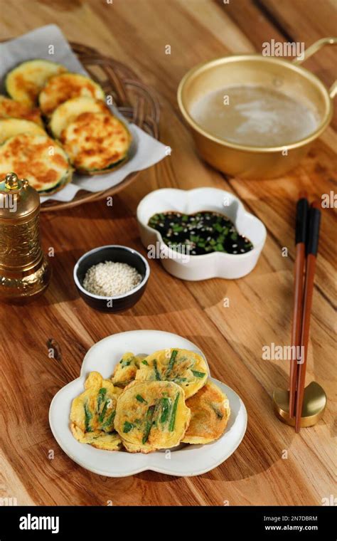 Homemade Korean Pajeon Scallion Pancake with Dipping Sauce, Served with Korean Traditional ...