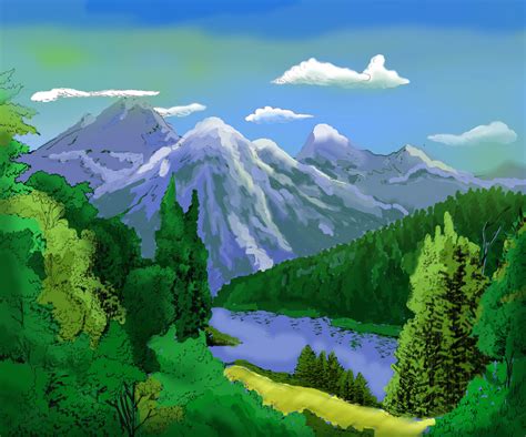 Landscape drawing including trees,river,mountain,houses etc | Landscape ...