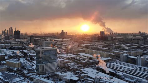 Aerial Moscow winter view, sunset city skyline timelapse, cold russian ...