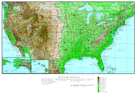 Large detailed road and elevation map of the USA. The USA large detailed road and elevation map ...
