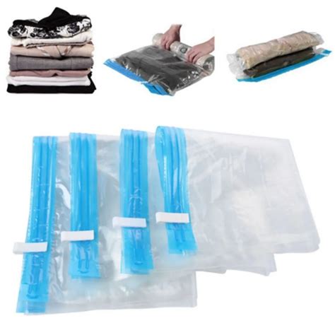 4 Size Manually Vacuum Compressed Bag Roll Up Seal Bags Travel Space Saver Storage Bags Clothes ...