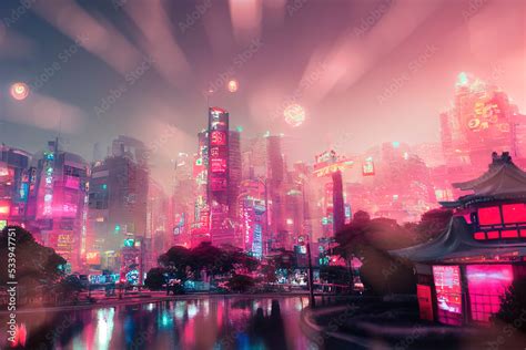 Futuristic cityscape with neon lights at night. Abstract modern city ...