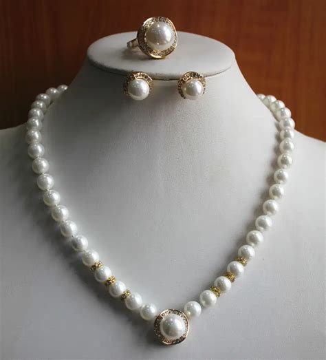 Free Shipping Women'S Pure White Pearl Necklace Earring Ring(7/8/9)Jewelry Set-in Jewelry Sets ...