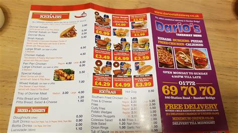 Menu at Dario's fast food, Preston