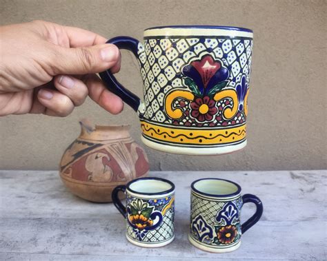 Three Vintage Talavera Pottery Mugs Blue Yellow Mexican Decor, Blue White Kitchen, Housewarming Gift