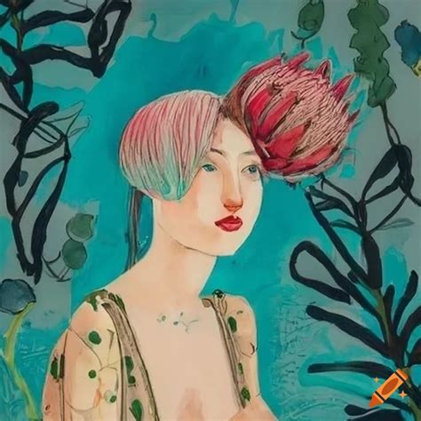Fashion portrait of a woman with protea flowers in her hair