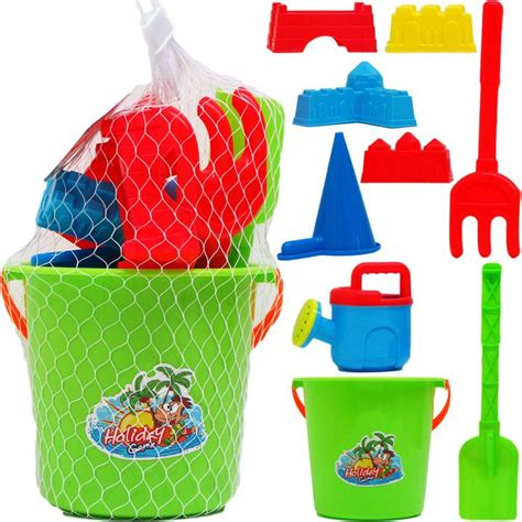 12 Units of 6" Beach Toy Bucket With 8pc Acss In Pegable Net Bag ...