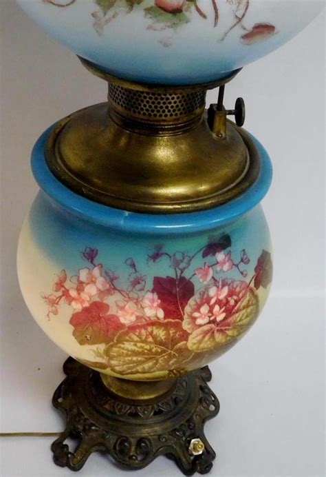 Lot - Antique Victorian Hurricane Electrified Oil Lamp W/ Hand Painted Shade WORKS