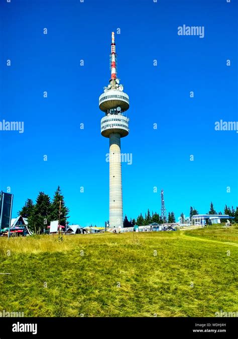 View of peak Snezhanka, TV tower, Pamporovo, Bulgaria ski resort in ...