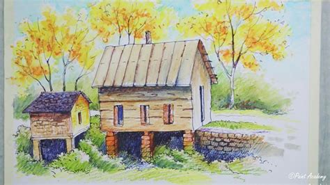 Painting Autumn Trees & House Landscape | Ink & Watercolor Pencil Painting Epi-3 - YouTube