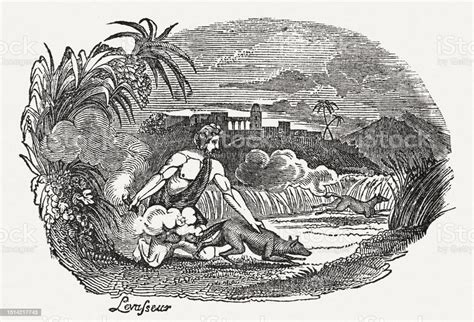 Samson Takes Revenge On The Philistines Woodcut 1835 Stock Illustration ...